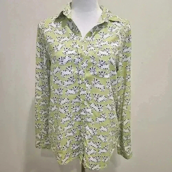 Beach Lunch Lounge Long Sleeve Button-up Cat print Shirt Blouse Women's SP - Picture 1 of 9